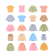 Baby clothes color flat icons. Simple cartoon pictograms of children clothing. Different shirts, sweaters, cardigans and vests. Kids wardrobe garment. Outfit for toddler, little boy or girl