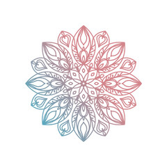 Round gradient mandala on white isolated background. Vector boho mandala in green and pink colors. Mandala with floral pattern. Yoga Templates