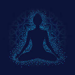 Girl in lotus position on blue background with mandala.