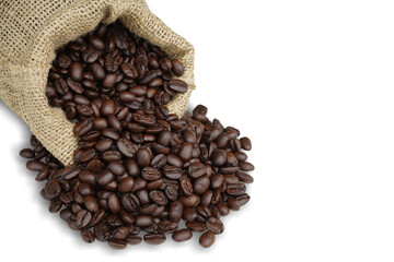 coffee beans in sack bag isolated on white background. This has clipping path.