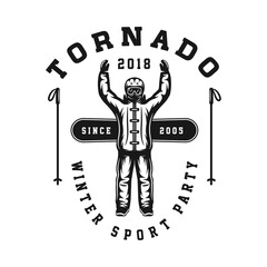 Vintage retro winter sport ski snowboard or adventure emblem, logo, badge, label. mark, poster or print. Monochrome Graphic Art. Engraving woodcut style.
