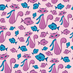 Seamless childish pattern with cat and fish.
