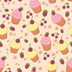 Background pattern with cupcakes, cherries and strawberries.