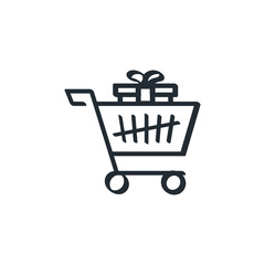 Online Shopping Cart Related Vector Hand Drawn Doodle Line Drawing Icon. Buying Gift E-Commerce Concept Illustration