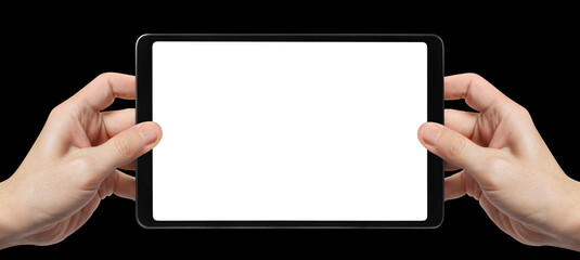 Tablet in male hands, isolated on black background