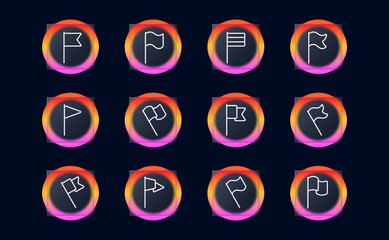 Flag icon set. Sports, finish, victory, cycling, athletics, race, participants, finishers. Sports concept. Glassmorphism style. Vector line icon for Business