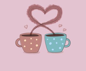 Two coffee brown and green cups with hearts on a pink background, digital drawing.