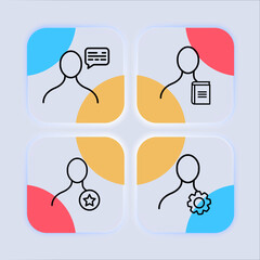 Man with a button icon set. Library settings, In favorites, online chat, correspondence, cross, checkmark. Knob concept. Neomorphism style. Vector line icon for business