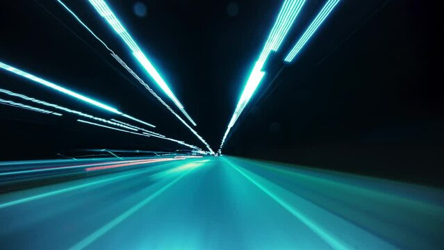 Bright Motion Timelapse of the Night Rush Drive in a Big City. Speedy Car Driving the Highway With a Lot of Lights and Traffic, Overtaking Other Vehicles and Passing by City Buildings Along the Road