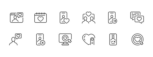 Communication set icon. Dating site, phone, networking, swipe, like, dislike, dating, sms. feedback concept. Vector black set icon on a white background