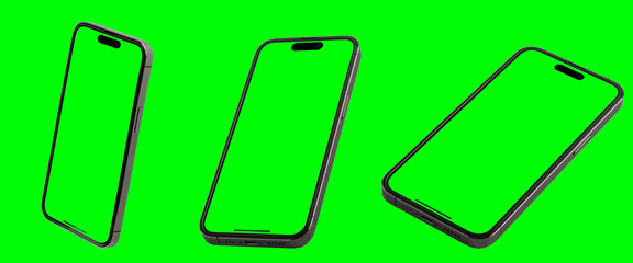 smartphone set with green screen for VDO editor and modern frameless design in two rotated perspective positions - isolated on black background - Clipping Path