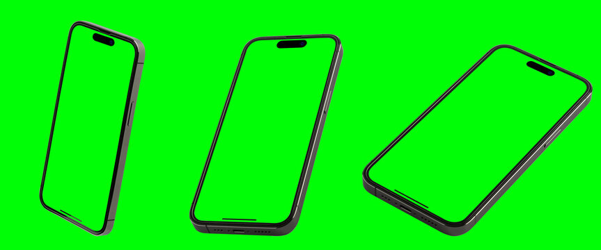 smartphone set with green screen for VDO editor and modern frameless design in two rotated perspective positions - isolated on black background - Clipping Path - Powered by Adobe