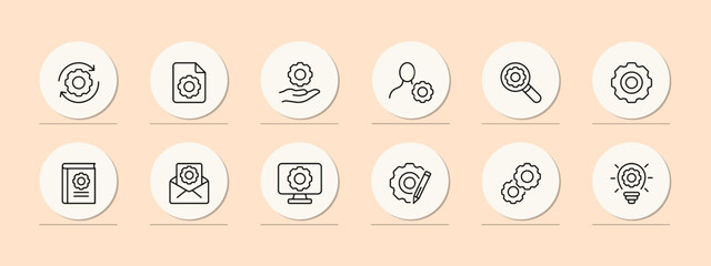 Settings icon set. Update, screen settings, brightness, message, settings guide, user settings. Phone icon concept. Pastel color background. Vector line icon for business