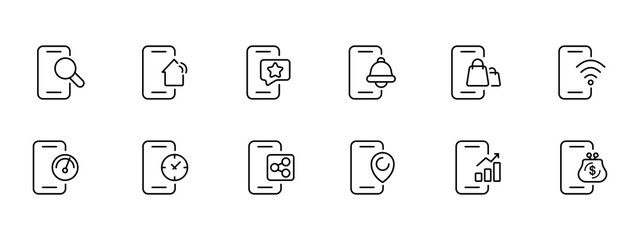 Phone features icon set. WiFi, favorites, notification search, GPS, internet speed, online shopping, message. Phone app concept. Vector black set icon on a white background
