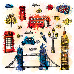 A group of objects with London features with watercolor drops.