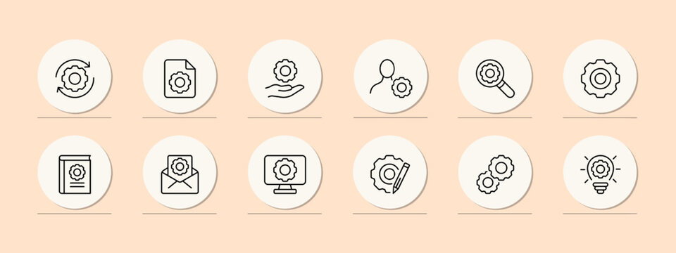 Settings icon set. Update, screen settings, brightness, message, settings guide, user settings. Phone icon concept. Pastel color background. Vector line icon for business