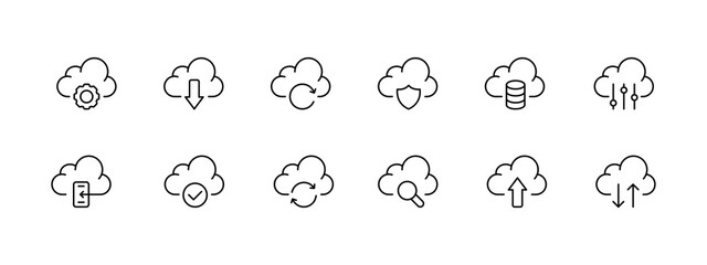 Cloud saving icon set. Uploading data to the cloud, protecting cloud databases, internet traffic. Network concept. Vector black set icon on a white background
