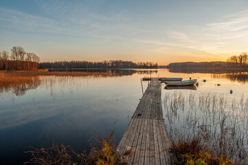Sunrise on a November morning at lake Annsjön in county Östergötland, Sweden