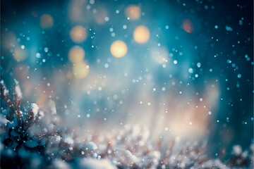 A winter holiday background with bokeh light, snow and a Christmas tree branch  silhouette, a generative ai holiday template