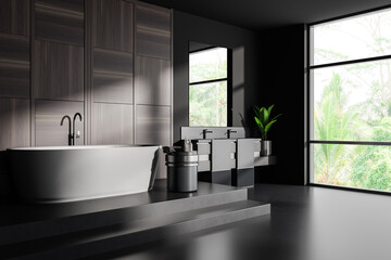 Corner view on dark bathroom interior with large mirror, bathtub