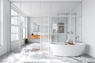 Front view on bright bathroom interior with bathtub, glass partition