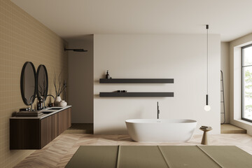 Fototapeta na wymiar Stylish bathroom interior with double sink, douche and tub near panoramic window