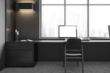 Office interior with pc computer mockup screen on desk, panoramic window
