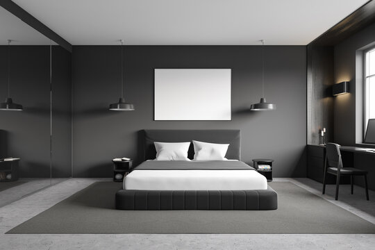 Grey bedroom interior with bed and workplace, panoramic window. Mockup frame