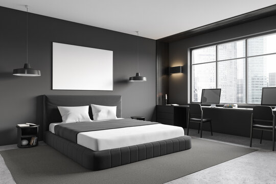 Grey bedroom interior bed and workplace near panoramic window. Mockup frame