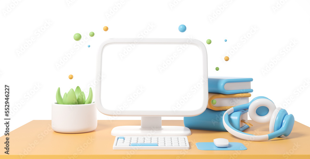 Poster workspace with mock up blank pc desktop display on table