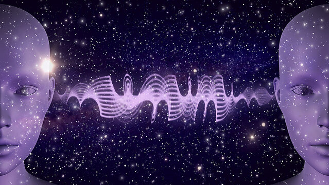 Two humans on a cosmic background, with a soundwaves between their ears, 3D illustration, Cover Image, Thumbnail
