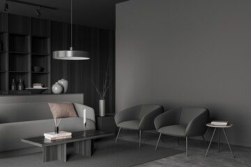 Grey relaxing interior with couch and armchairs with decoration. Mockup wall