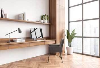 Modern business interior with workspace and pc computer, panoramic window - obrazy, fototapety, plakaty