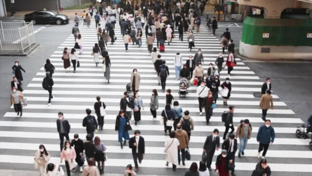 横断歩道を歩く人達。日本の都会の交差点。人混みを高い位置から撮影。デフォーカス。