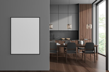 Grey kitchen interior with dining table and shelves near window. Mockup frame