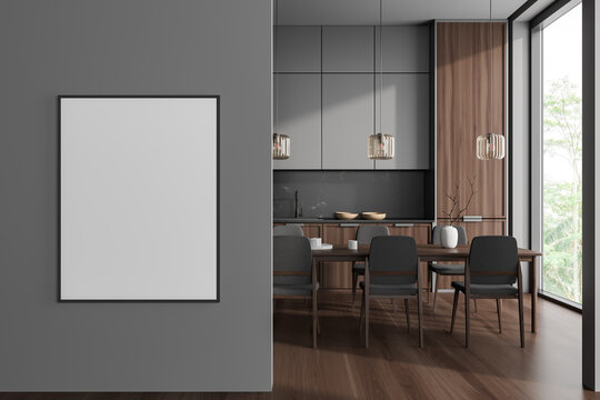 Grey kitchen interior with dining table and shelves near window. Mockup frame