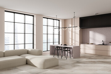 Stylish studio interior with relaxing and cooking area with panoramic window