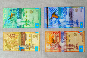 Kazakhstan banknotes lies on the cloth