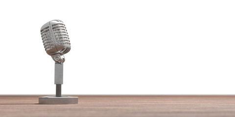 Retro microphone for press conference or interview on wooden table. white background. copy space....