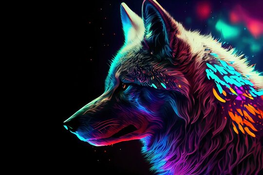 Wolf Galaxy/space Vibrant Colorful Howling Moon