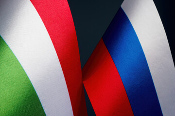 Obraz premium Close-up of the flags of Russia and Hungary.