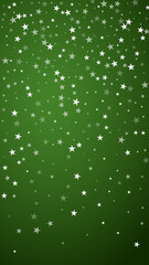 Snowy christmas background. Subtle flying snow flakes and stars on christmas green background. Delicate sweet snowy christmas. Vertical vector illustration.