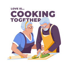 An elderly couple is cooking together. Isolated on white background. Vector flat illustration