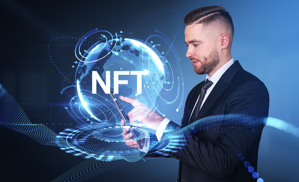 Businessman working in tablet, NFT with metaverse hologram - Powered by Adobe
