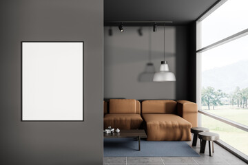 Grey relaxing interior with couch and decor, panoramic window. Mockup frame
