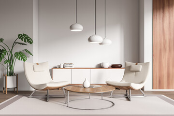 Front view on bright living room interior with coffee table