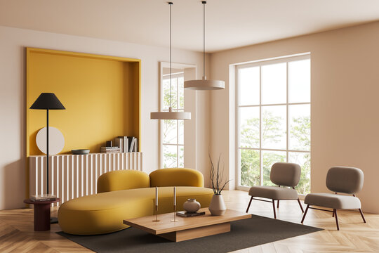 Corner view on bright living room interior with panoramic window