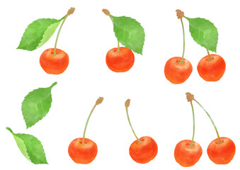 水彩で表現したさくらんぼのイラストセット／Illustration set of cherries expressed in watercolor