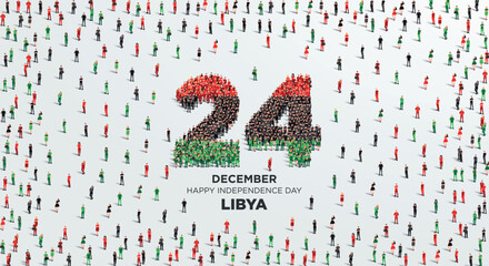 Happy Independence Day Libya. A large group of people form to create number 24 as Libya celebrates it’s Independence Day on the 24th December. Vector illustration.