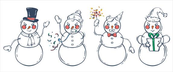 Set of funny snowmen. Cartoon character on a white background. Cute character design. Christmas vector. Vector illustration element.